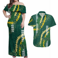 Hawaii Aloha Kakau Couples Matching Off Shoulder Maxi Dress and Hawaiian Shirt Green Puakenikeni and Maile Lei Twist