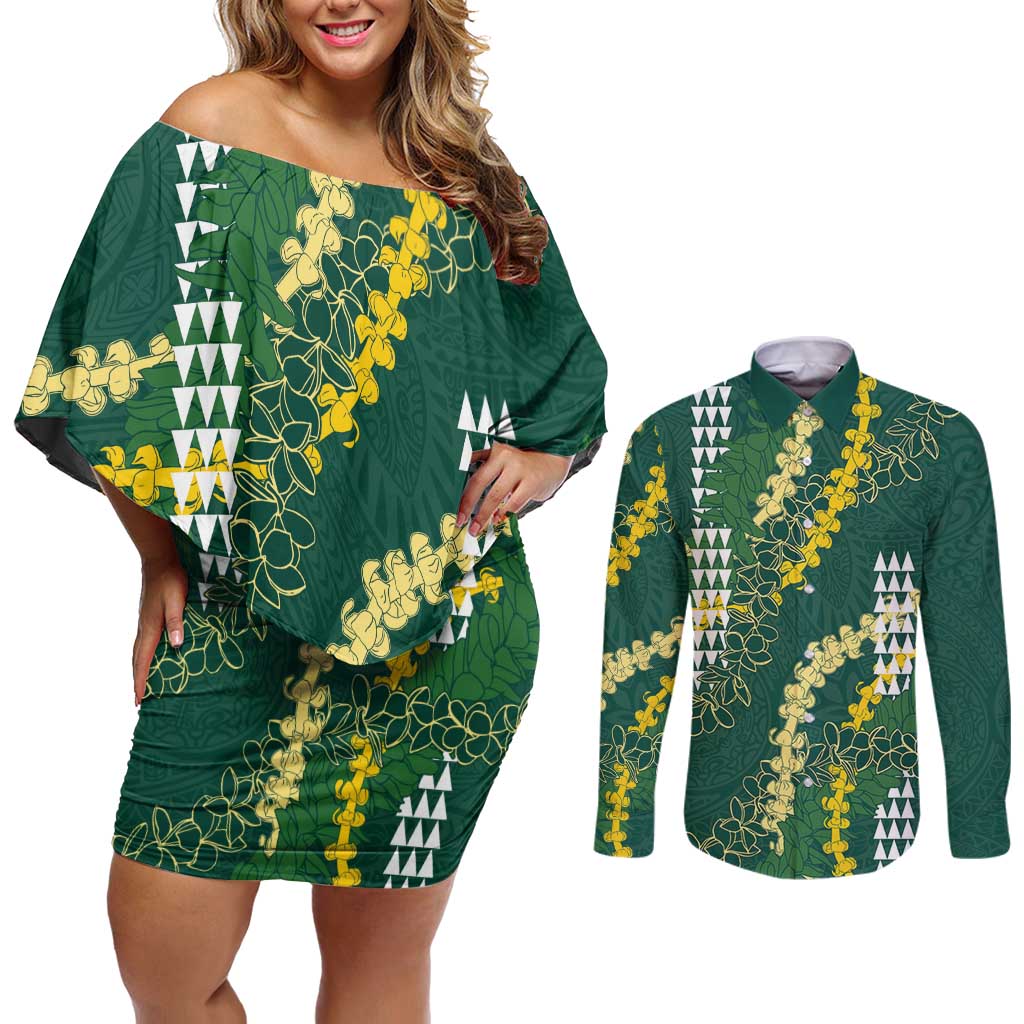 Hawaii Aloha Kakau Couples Matching Off Shoulder Short Dress and Long Sleeve Button Shirt Green Puakenikeni and Maile Lei Twist LT7 Green - Polynesian Pride