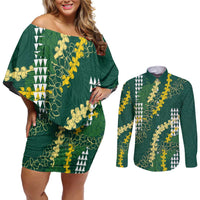 Hawaii Aloha Kakau Couples Matching Off Shoulder Short Dress and Long Sleeve Button Shirt Green Puakenikeni and Maile Lei Twist LT7 Green - Polynesian Pride