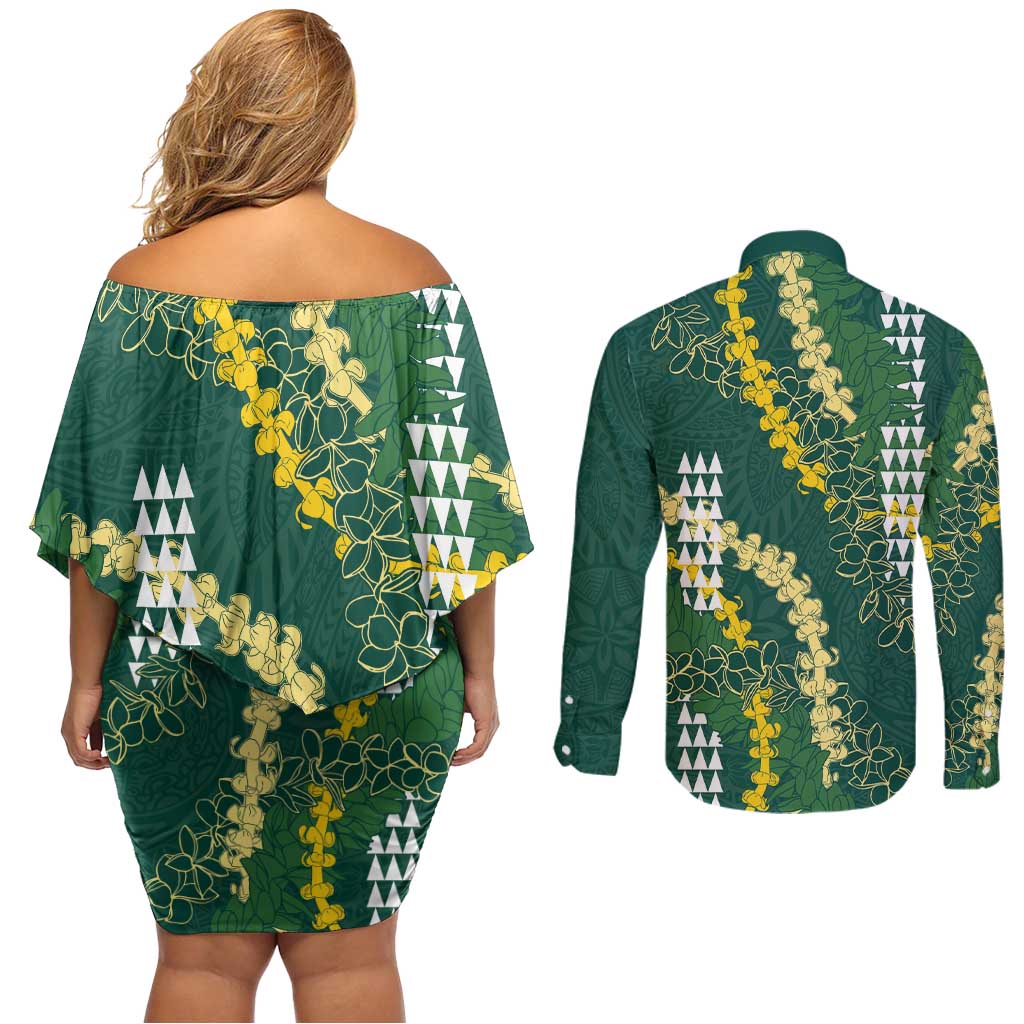 Hawaii Aloha Kakau Couples Matching Off Shoulder Short Dress and Long Sleeve Button Shirt Green Puakenikeni and Maile Lei Twist LT7 - Polynesian Pride