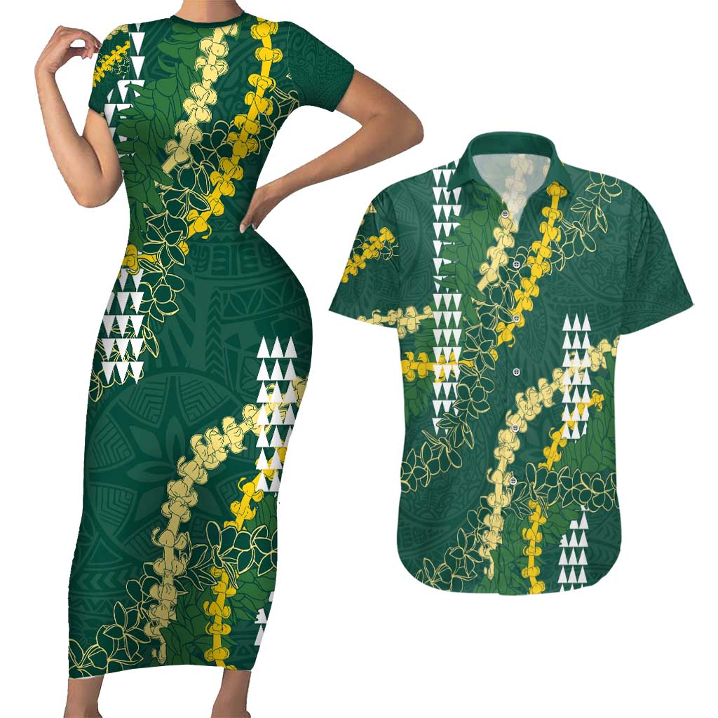 Hawaii Aloha Kakau Couples Matching Short Sleeve Bodycon Dress and Hawaiian Shirt Green Puakenikeni and Maile Lei Twist