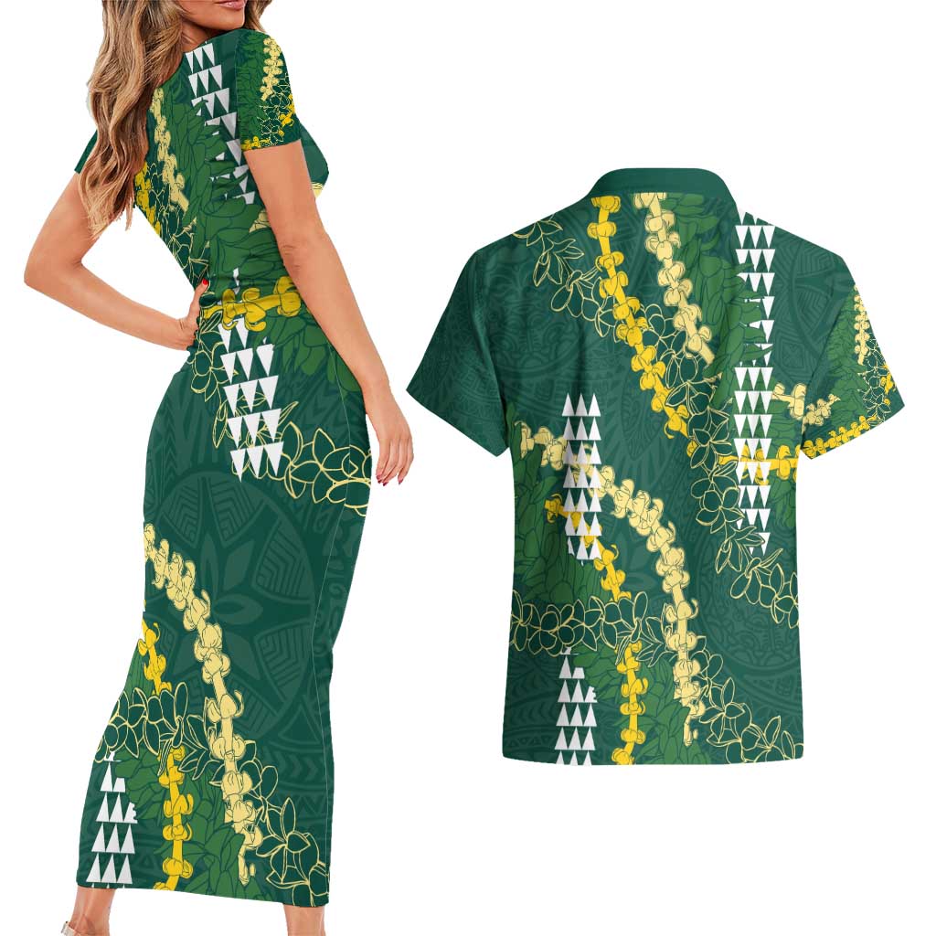 Hawaii Aloha Kakau Couples Matching Short Sleeve Bodycon Dress and Hawaiian Shirt Green Puakenikeni and Maile Lei Twist
