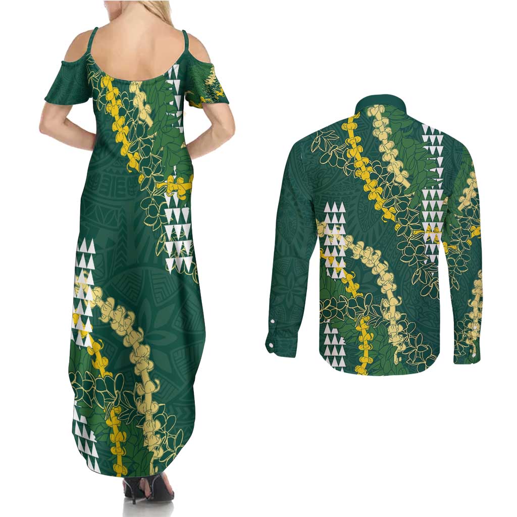 Hawaii Aloha Kakau Couples Matching Summer Maxi Dress and Long Sleeve Button Shirt Green Puakenikeni and Maile Lei Twist LT7 - Polynesian Pride