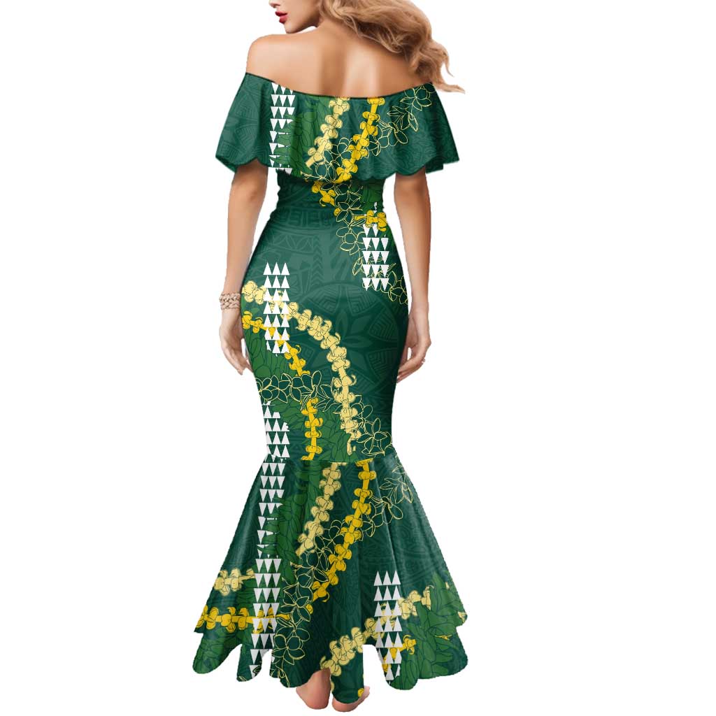 Hawaii Aloha Kakau Family Matching Mermaid Dress and Hawaiian Shirt Green Puakenikeni and Maile Lei Twist