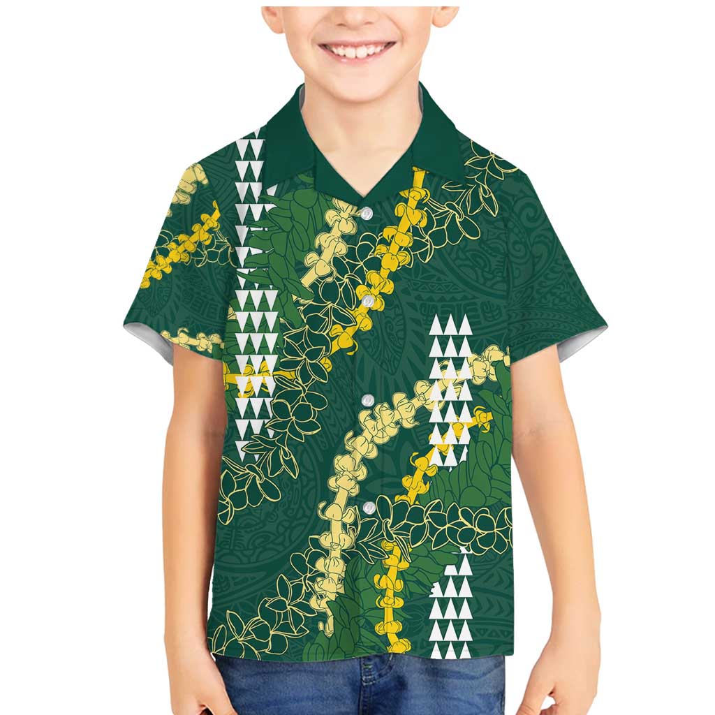 Hawaii Aloha Kakau Family Matching Mermaid Dress and Hawaiian Shirt Green Puakenikeni and Maile Lei Twist