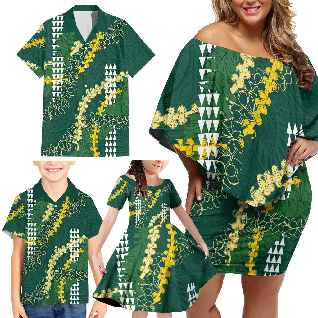 Hawaii Aloha Kakau Family Matching Off Shoulder Short Dress and Hawaiian Shirt Green Puakenikeni and Maile Lei Twist