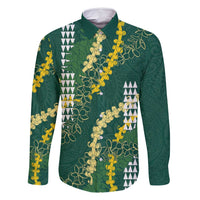 Hawaii Aloha Kakau Family Matching Off Shoulder Short Dress and Hawaiian Shirt Green Puakenikeni and Maile Lei Twist