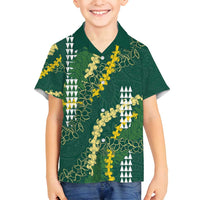 Hawaii Aloha Kakau Family Matching Puletasi and Hawaiian Shirt Green Puakenikeni and Maile Lei Twist