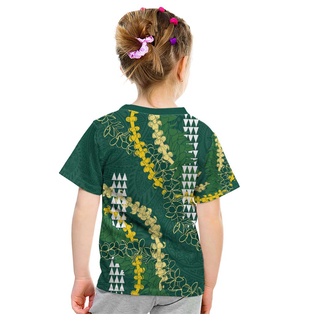 Hawaii Aloha Kakau Kid T Shirt Green Puakenikeni and Maile Lei Twist