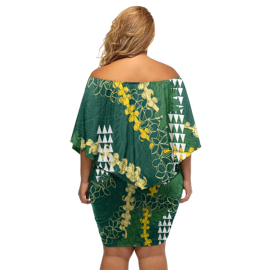 Hawaii Aloha Kakau Off Shoulder Short Dress Green Puakenikeni and Maile Lei Twist