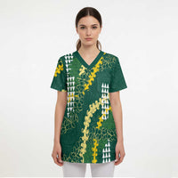 Hawaii Aloha Kakau Scrub Top Green Puakenikeni and Maile Lei Twist - Polynesian Pride