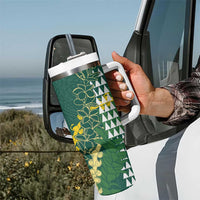 Hawaii Aloha Kakau Tumbler With Handle Green Puakenikeni and Maile Lei Twist