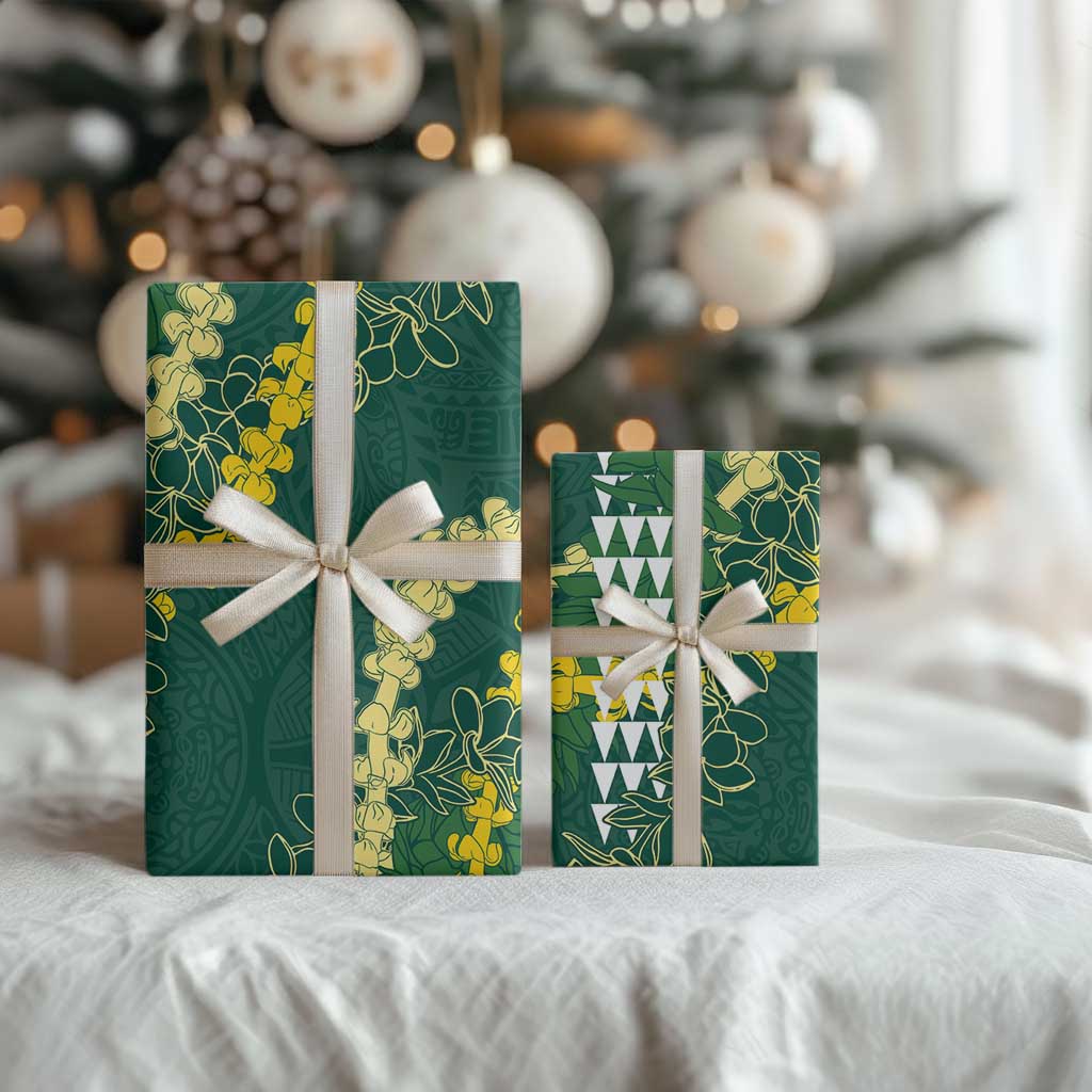 Hawaii Aloha Kakau Wrapping Paper Green Puakenikeni and Maile Lei Twist