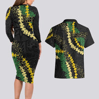 Hawaii Puakenikeni - Maile Lei Couples Matching Long Sleeve Bodycon Dress and Hawaiian Shirt Obsidian Black