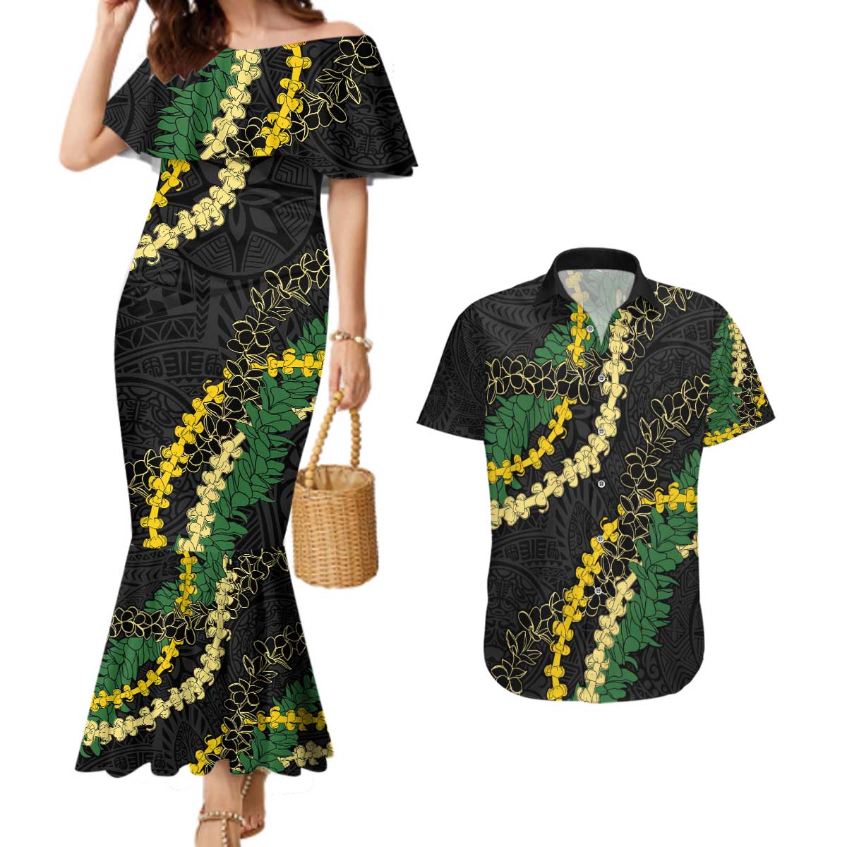 Hawaii Puakenikeni - Maile Lei Couples Matching Mermaid Dress and Hawaiian Shirt Obsidian Black
