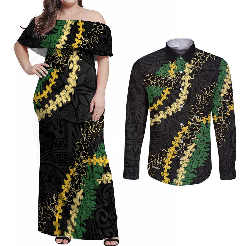Hawaii Puakenikeni - Maile Lei Couples Matching Off Shoulder Maxi Dress and Long Sleeve Button Shirt Obsidian Black LT7 Black - Polynesian Pride