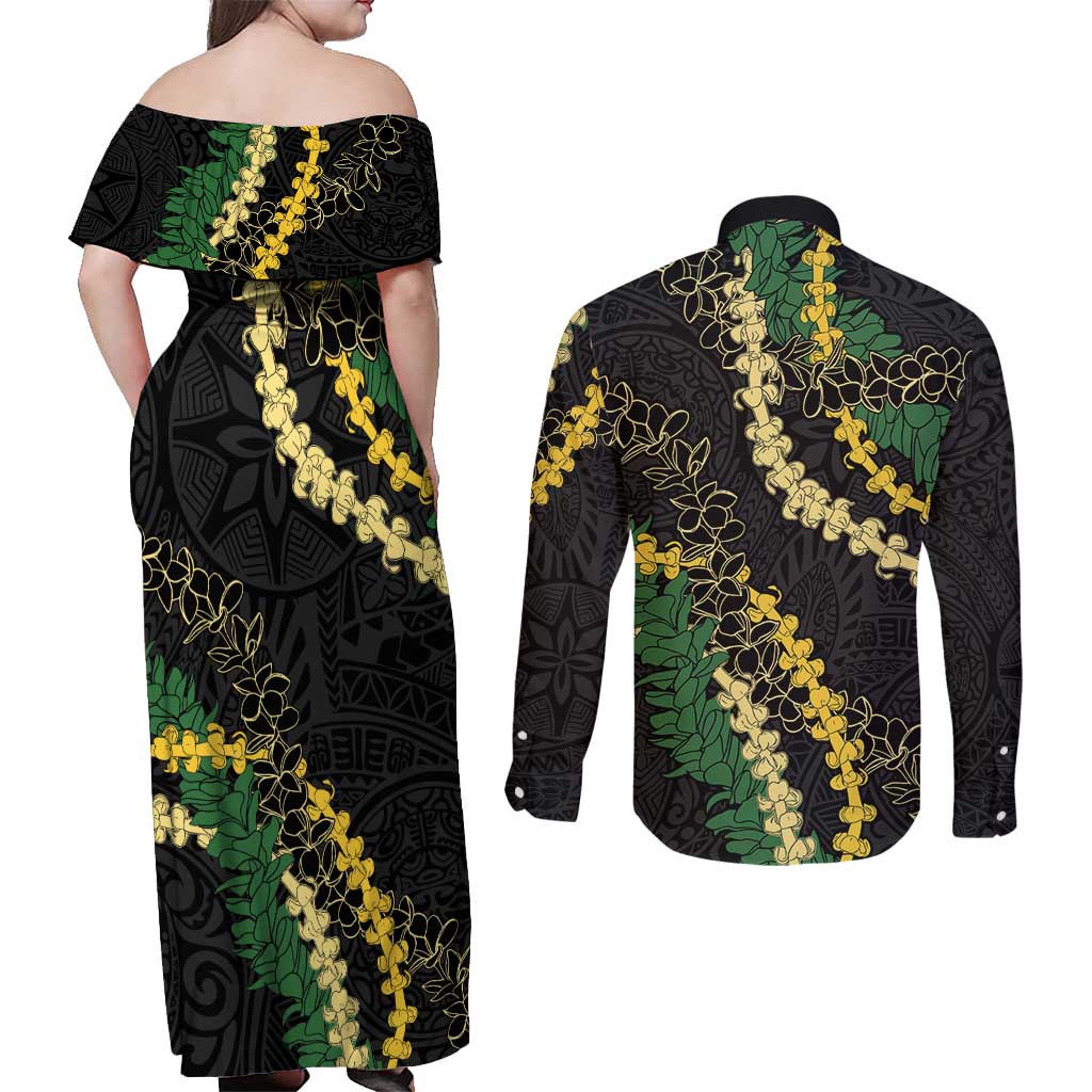 Hawaii Puakenikeni - Maile Lei Couples Matching Off Shoulder Maxi Dress and Long Sleeve Button Shirt Obsidian Black LT7 - Polynesian Pride