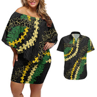 Hawaii Puakenikeni - Maile Lei Couples Matching Off Shoulder Short Dress and Hawaiian Shirt Obsidian Black