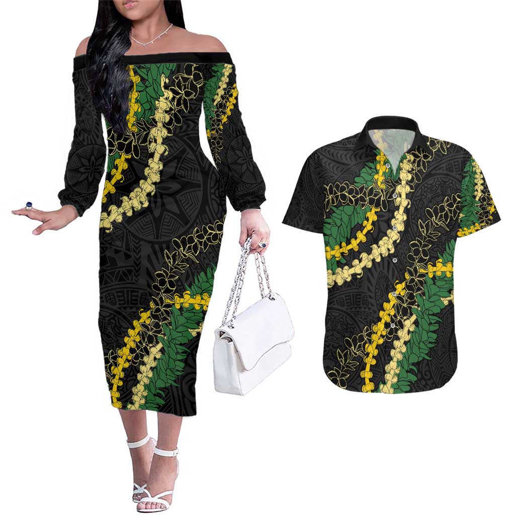Hawaii Puakenikeni - Maile Lei Couples Matching Off The Shoulder Long Sleeve Dress and Hawaiian Shirt Obsidian Black
