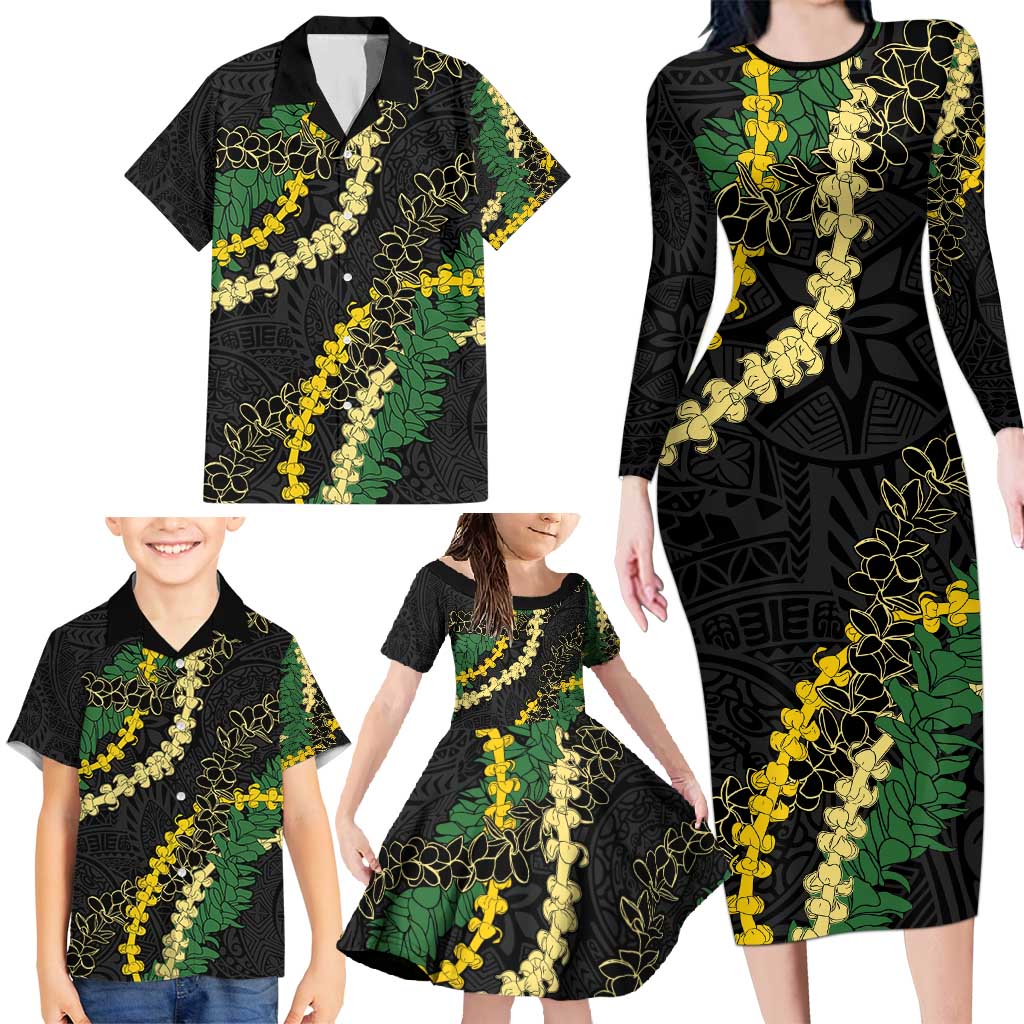 Hawaii Puakenikeni - Maile Lei Family Matching Long Sleeve Bodycon Dress and Hawaiian Shirt Obsidian Black