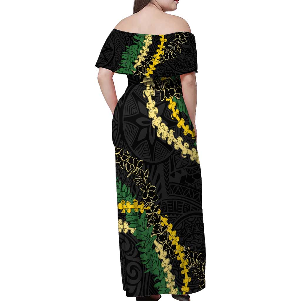 Hawaii Puakenikeni - Maile Lei Family Matching Off Shoulder Maxi Dress and Hawaiian Shirt Obsidian Black