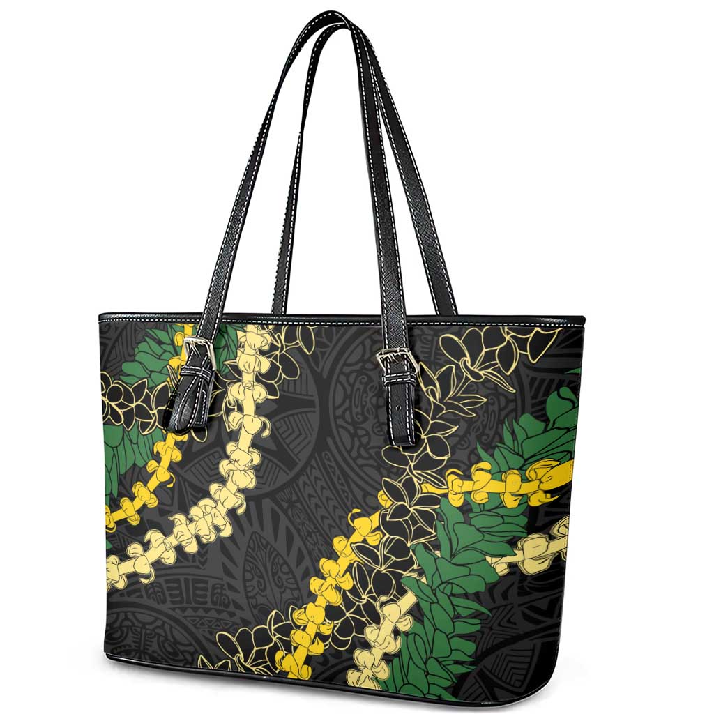 Hawaii Puakenikeni - Maile Lei Leather Tote Bag Obsidian Black