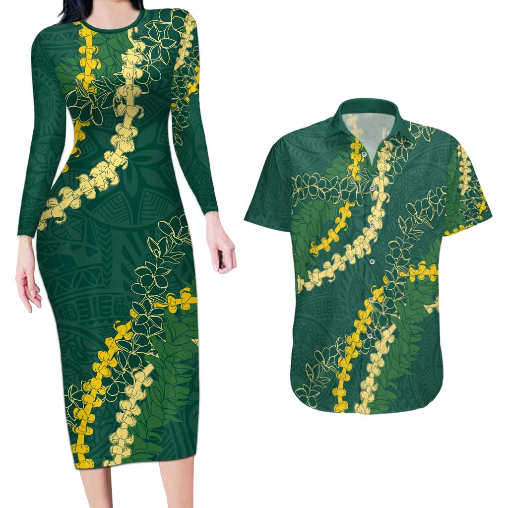 Hawaii Puakenikeni - Maile Lei Couples Matching Long Sleeve Bodycon Dress and Hawaiian Shirt Sage Green