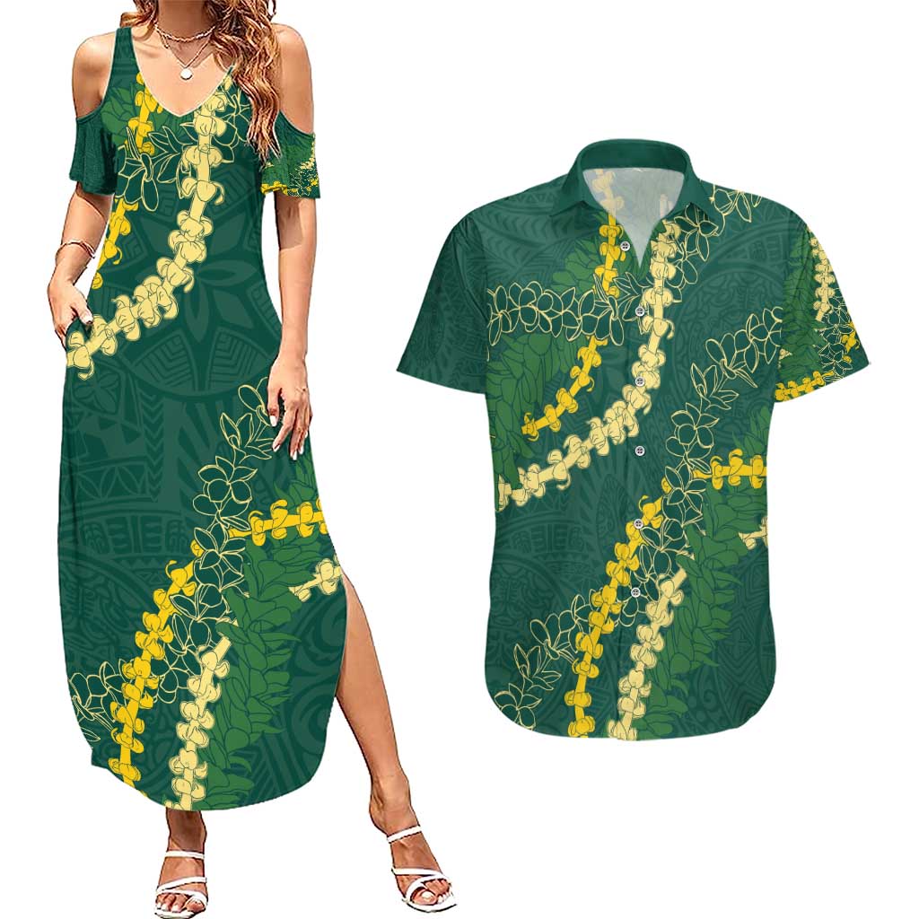 Hawaii Puakenikeni - Maile Lei Couples Matching Summer Maxi Dress and Hawaiian Shirt Sage Green
