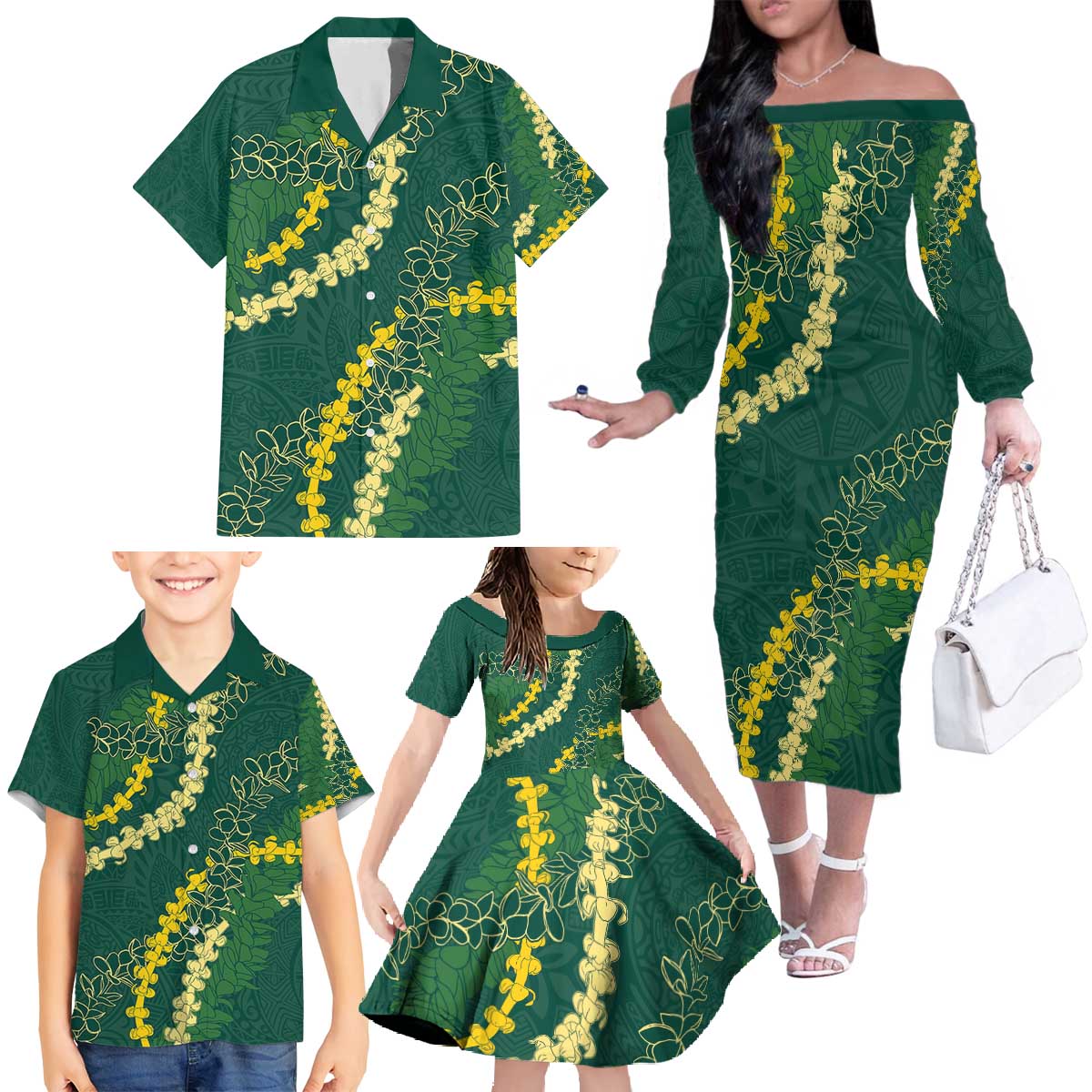 Hawaii Puakenikeni - Maile Lei Family Matching Off The Shoulder Long Sleeve Dress and Hawaiian Shirt Sage Green