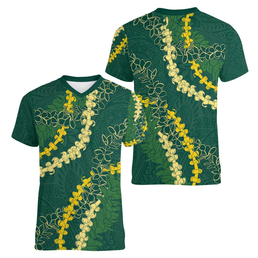 Hawaii Puakenikeni - Maile Lei Women V-Neck T-Shirt Sage Green LT7 - Polynesian Pride