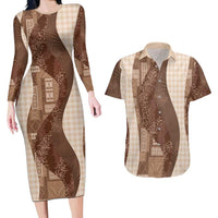 Polynesian Tribal Pattern Patchwork Picturesque Couples Matching Long Sleeve Bodycon Dress and Hawaiian Shirt Mocha