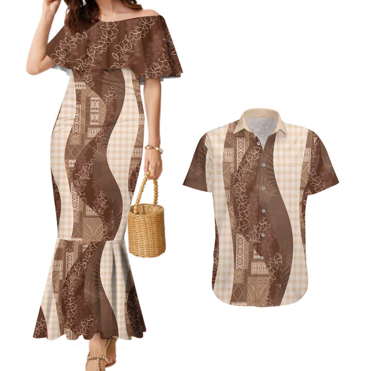 Polynesian Tribal Pattern Patchwork Picturesque Couples Matching Mermaid Dress and Hawaiian Shirt Mocha