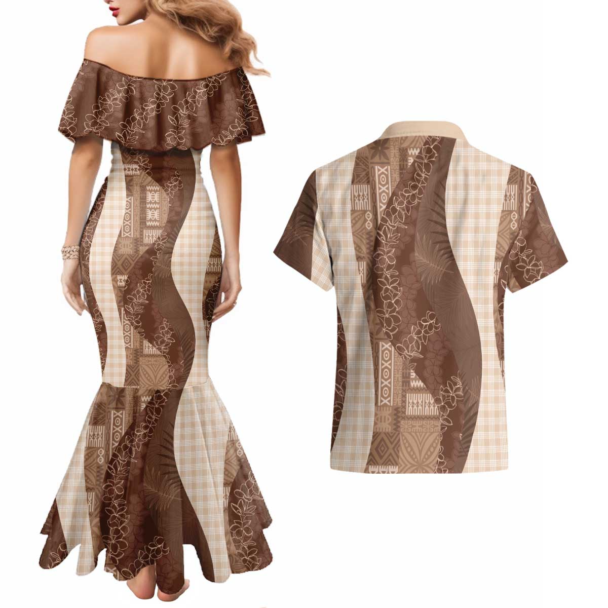 Polynesian Tribal Pattern Patchwork Picturesque Couples Matching Mermaid Dress and Hawaiian Shirt Mocha