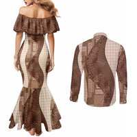 Polynesian Tribal Pattern Patchwork Picturesque Couples Matching Mermaid Dress and Long Sleeve Button Shirt Mocha LT7 - Polynesian Pride