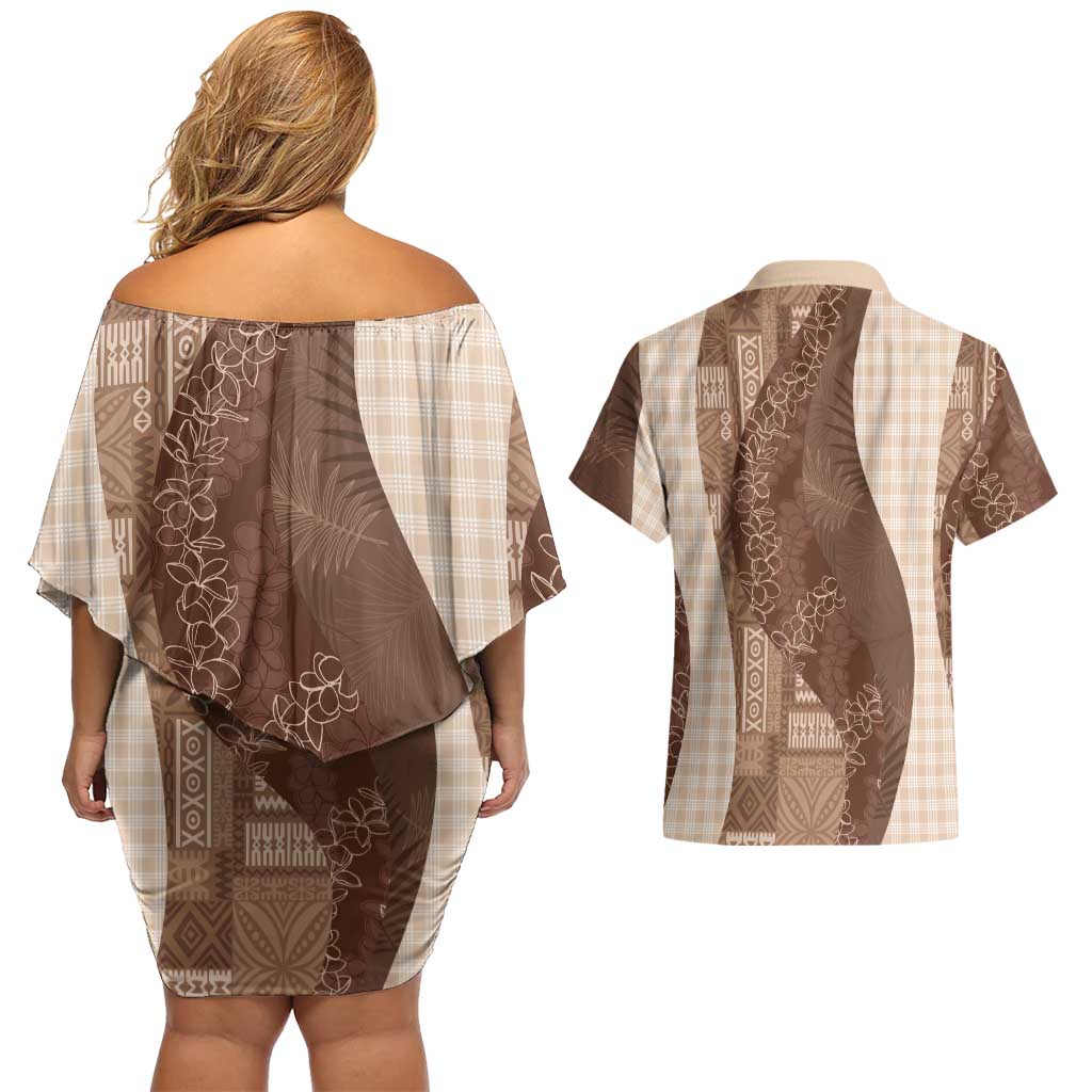 Polynesian Tribal Pattern Patchwork Picturesque Couples Matching Off Shoulder Short Dress and Hawaiian Shirt Mocha