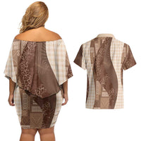 Polynesian Tribal Pattern Patchwork Picturesque Couples Matching Off Shoulder Short Dress and Hawaiian Shirt Mocha