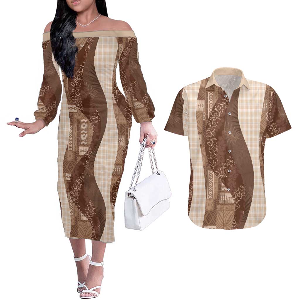 Polynesian Tribal Pattern Patchwork Picturesque Couples Matching Off The Shoulder Long Sleeve Dress and Hawaiian Shirt Mocha