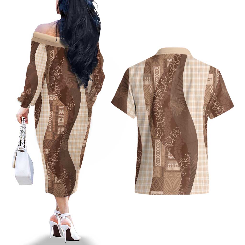 Polynesian Tribal Pattern Patchwork Picturesque Couples Matching Off The Shoulder Long Sleeve Dress and Hawaiian Shirt Mocha