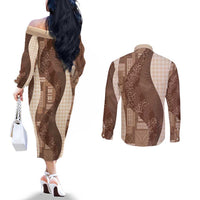 Polynesian Tribal Pattern Patchwork Picturesque Couples Matching Off The Shoulder Long Sleeve Dress and Long Sleeve Button Shirt Mocha