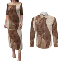 Polynesian Tribal Pattern Patchwork Picturesque Couples Matching Puletasi and Long Sleeve Button Shirt Mocha LT7 Mocha - Polynesian Pride