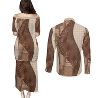 Polynesian Tribal Pattern Patchwork Picturesque Couples Matching Puletasi and Long Sleeve Button Shirt Mocha LT7 - Polynesian Pride