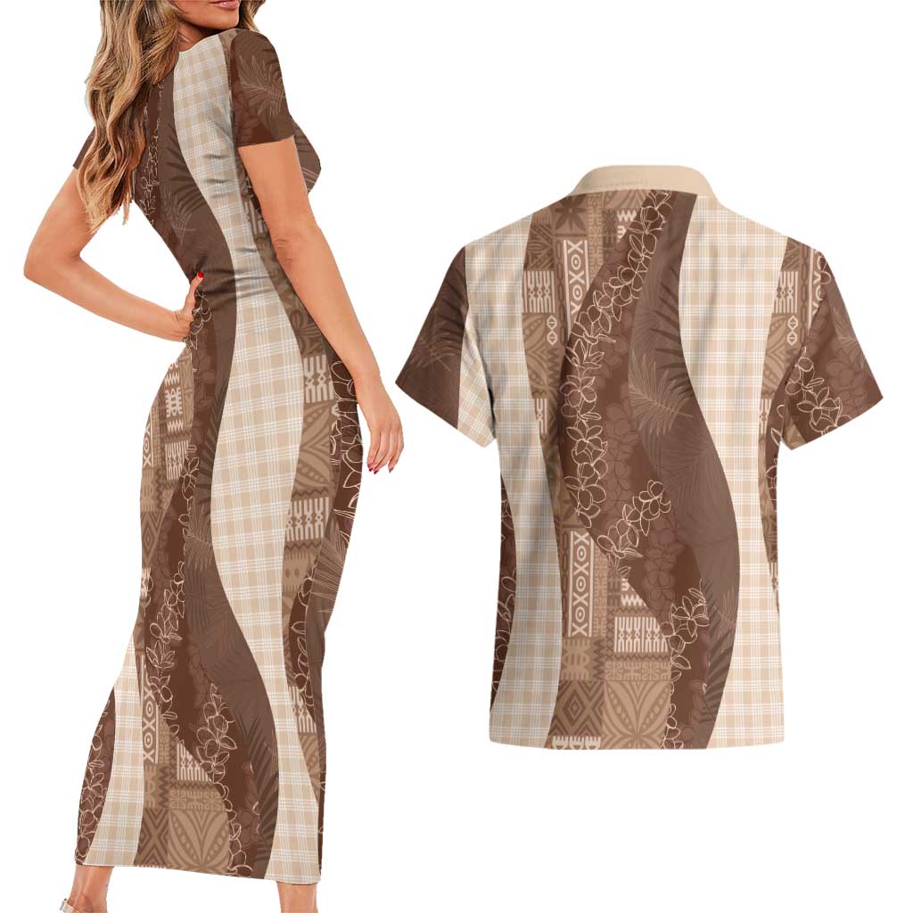 Polynesian Tribal Pattern Patchwork Picturesque Couples Matching Short Sleeve Bodycon Dress and Hawaiian Shirt Mocha