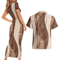 Polynesian Tribal Pattern Patchwork Picturesque Couples Matching Short Sleeve Bodycon Dress and Hawaiian Shirt Mocha