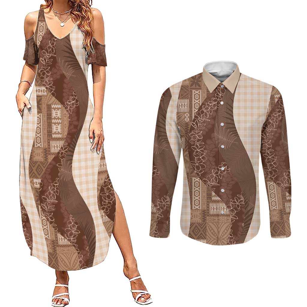 Polynesian Tribal Pattern Patchwork Picturesque Couples Matching Summer Maxi Dress and Long Sleeve Button Shirt Mocha LT7 Mocha - Polynesian Pride