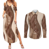 Polynesian Tribal Pattern Patchwork Picturesque Couples Matching Summer Maxi Dress and Long Sleeve Button Shirt Mocha LT7 Mocha - Polynesian Pride
