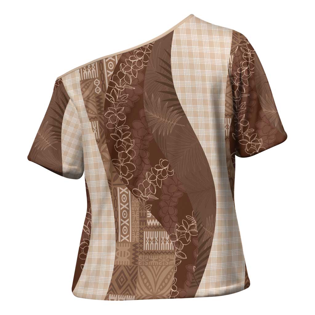 Polynesian Tribal Pattern Patchwork Picturesque Cross Shoulder Shirt Mocha