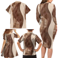 Polynesian Tribal Pattern Patchwork Picturesque Family Matching Long Sleeve Bodycon Dress and Hawaiian Shirt Mocha