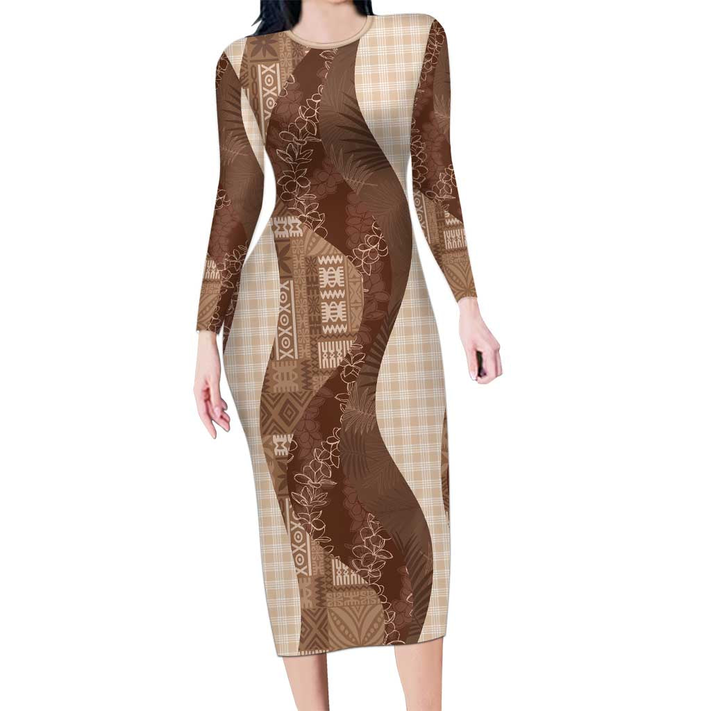 Polynesian Tribal Pattern Patchwork Picturesque Family Matching Long Sleeve Bodycon Dress and Hawaiian Shirt Mocha