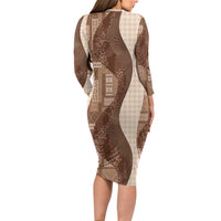 Polynesian Tribal Pattern Patchwork Picturesque Family Matching Long Sleeve Bodycon Dress and Hawaiian Shirt Mocha