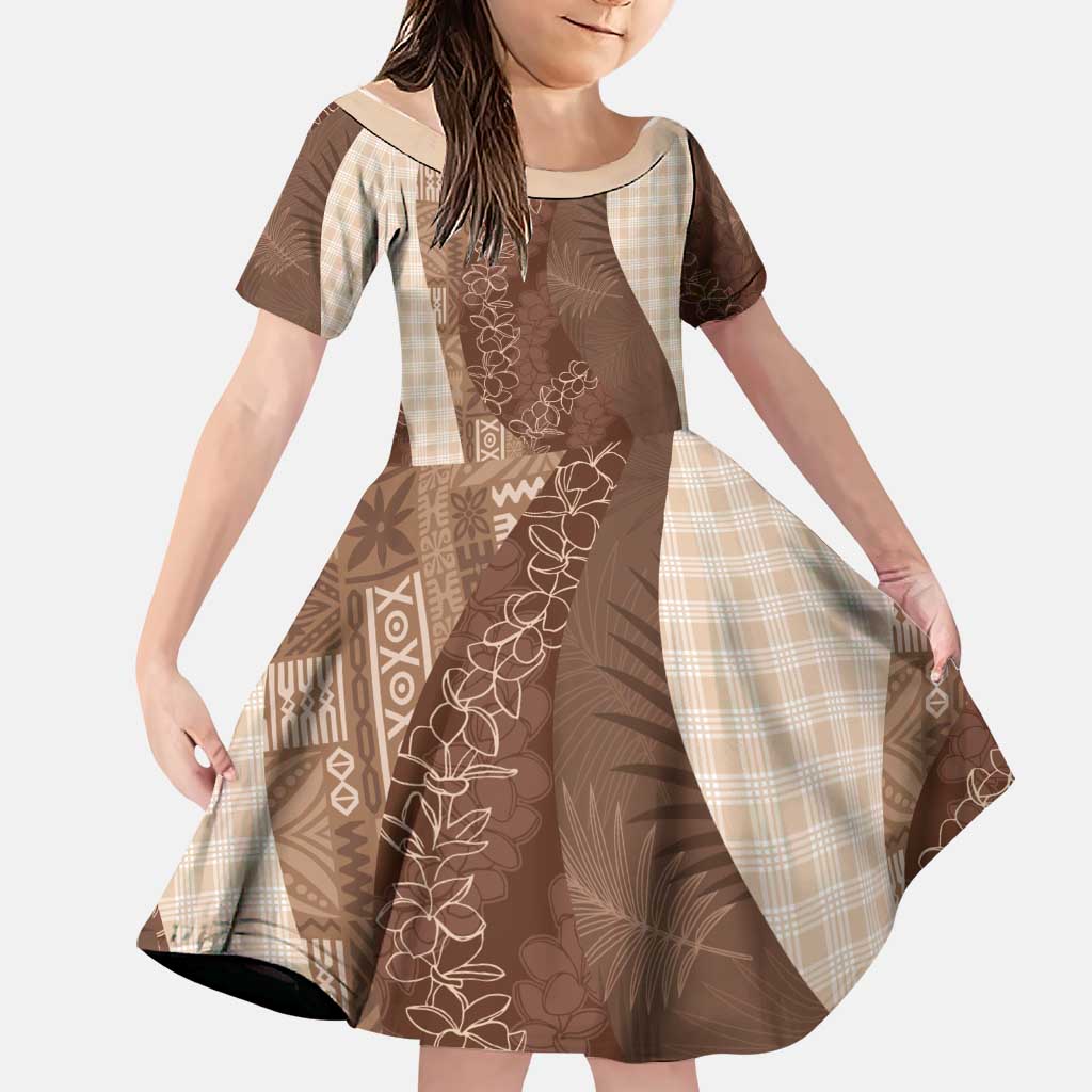 Polynesian Tribal Pattern Patchwork Picturesque Family Matching Off The Shoulder Long Sleeve Dress and Hawaiian Shirt Mocha